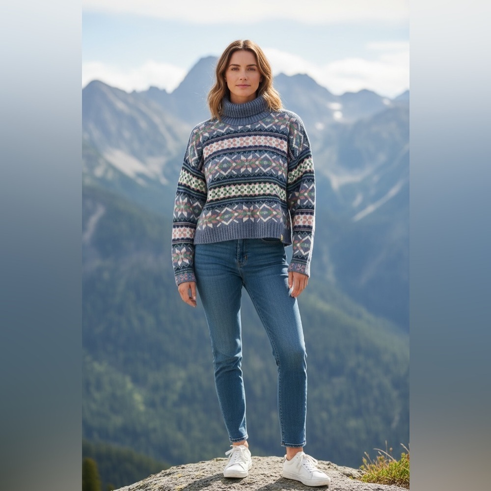Vintage Winter Fair Isle Turtleneck Sweater Blue Multicolor Cozy Knit Large NWT